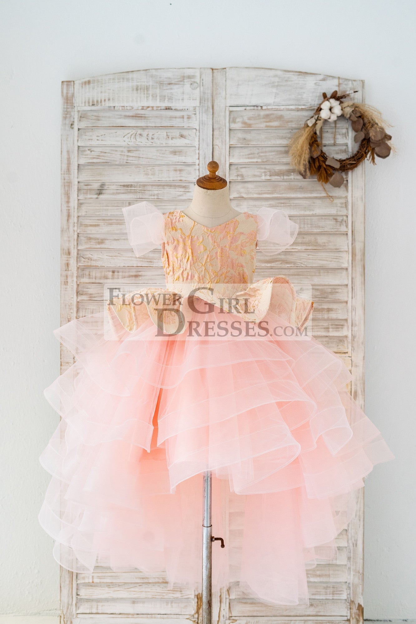 Pink Jacquard Hi Low Tulle Wedding Flower Girl Dress Kids Princess Party Dress