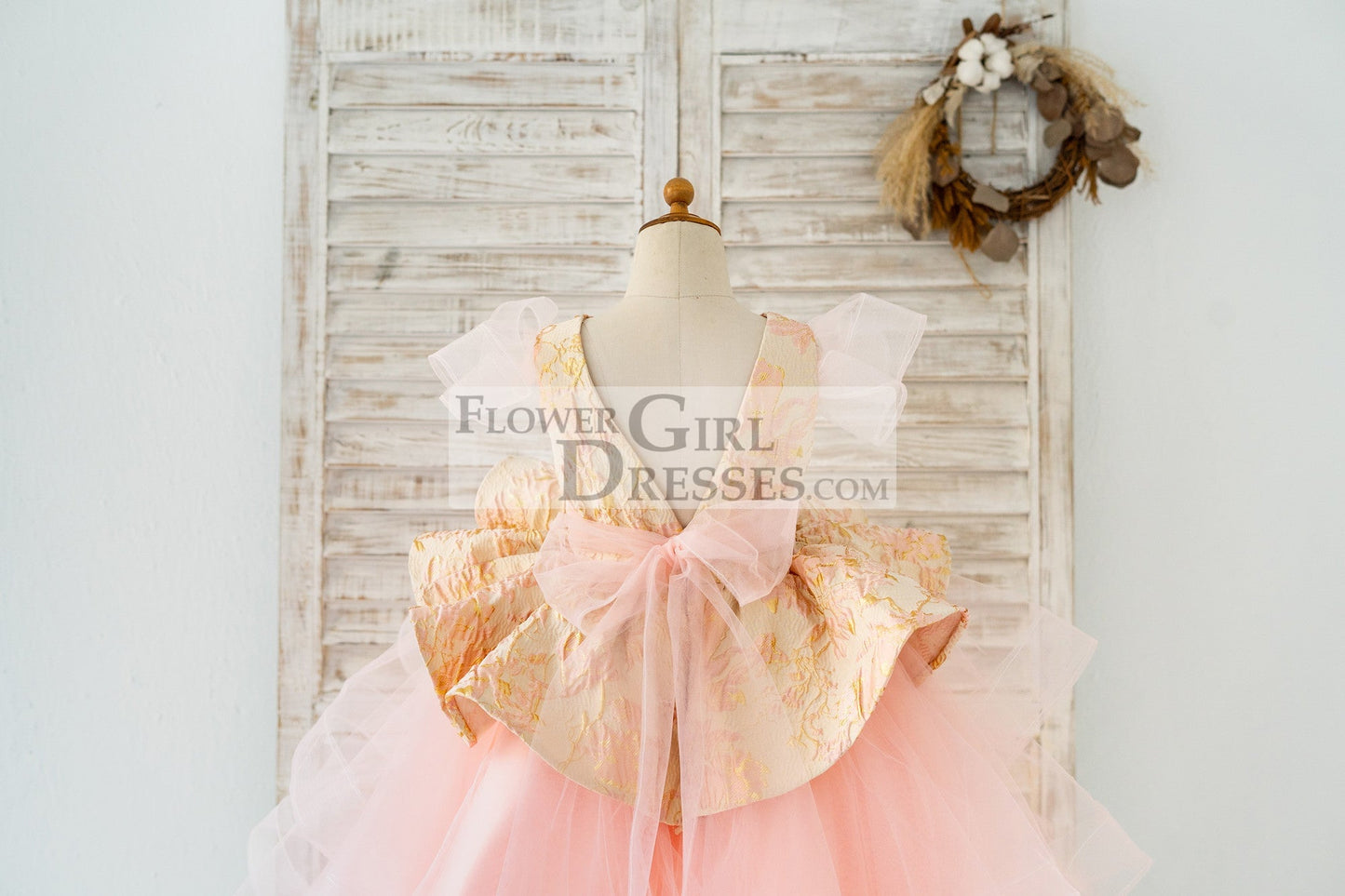 Pink Jacquard Hi Low Tulle Wedding Flower Girl Dress Kids Princess Party Dress