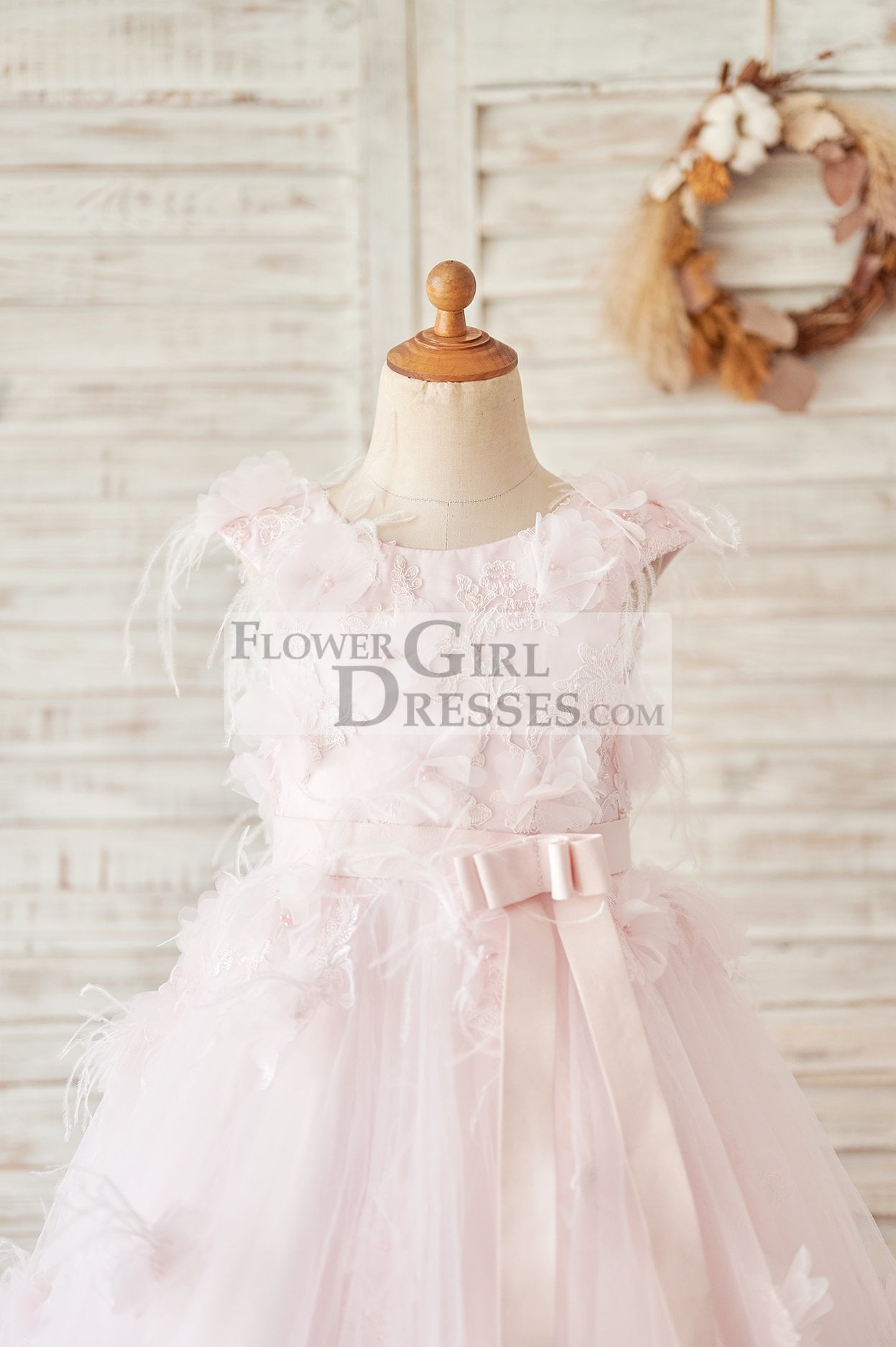 Pink Lace Tulle V Back Wedding Flower Girl Dress with Feather