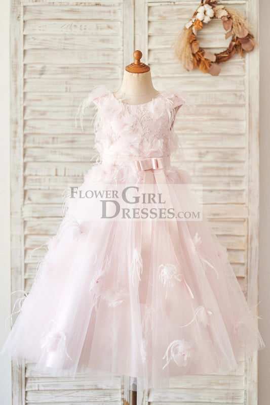 Pink Lace Tulle V Back Wedding Flower Girl Dress with Feather