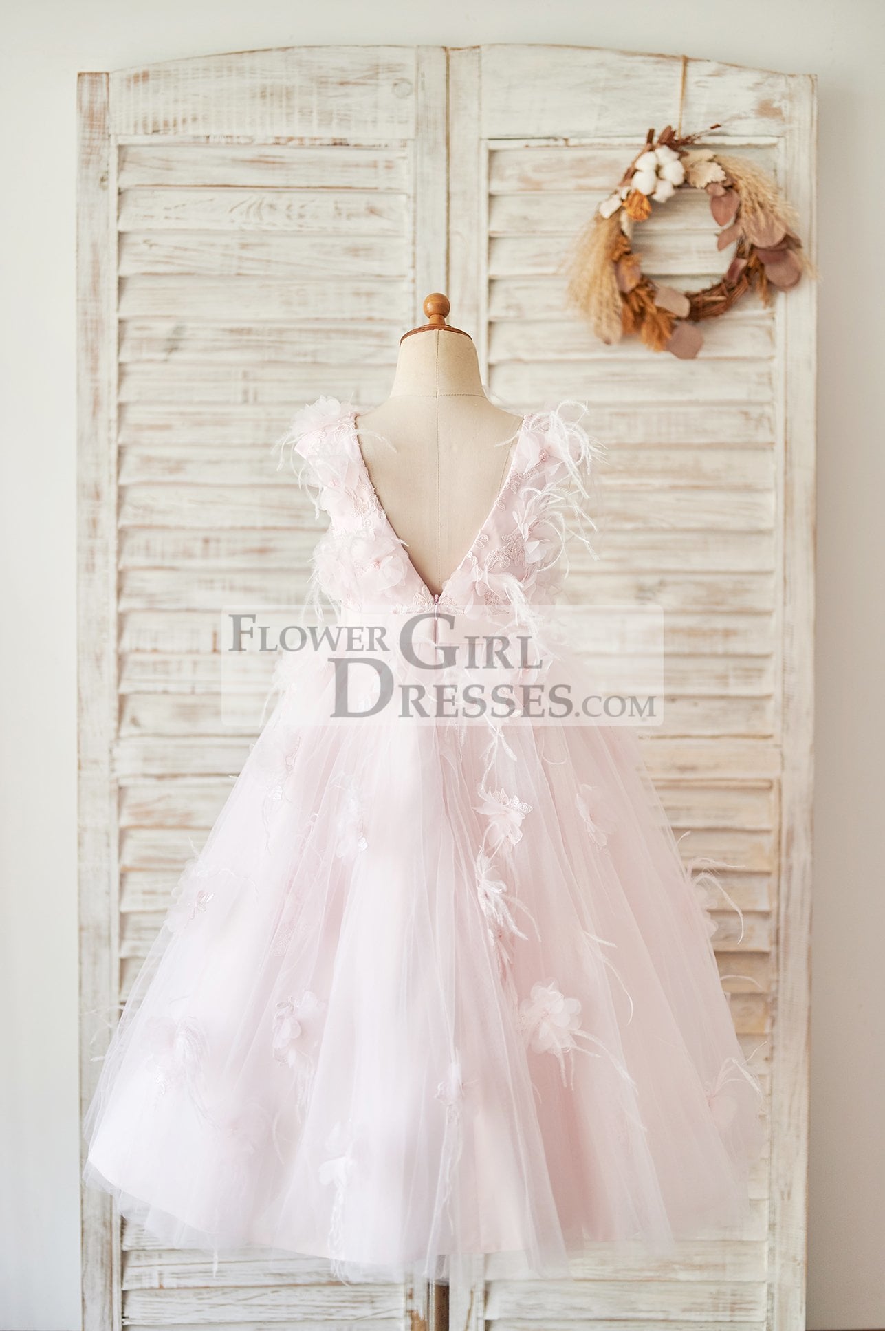 Pink Lace Tulle V Back Wedding Flower Girl Dress with Feather