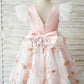 Pink Satin Butterfly Tulle Ruffle Cap Sleeves V Back Wedding Flower Girl Dress