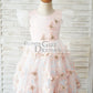 Pink Satin Butterfly Tulle Ruffle Cap Sleeves V Back Wedding Flower Girl Dress