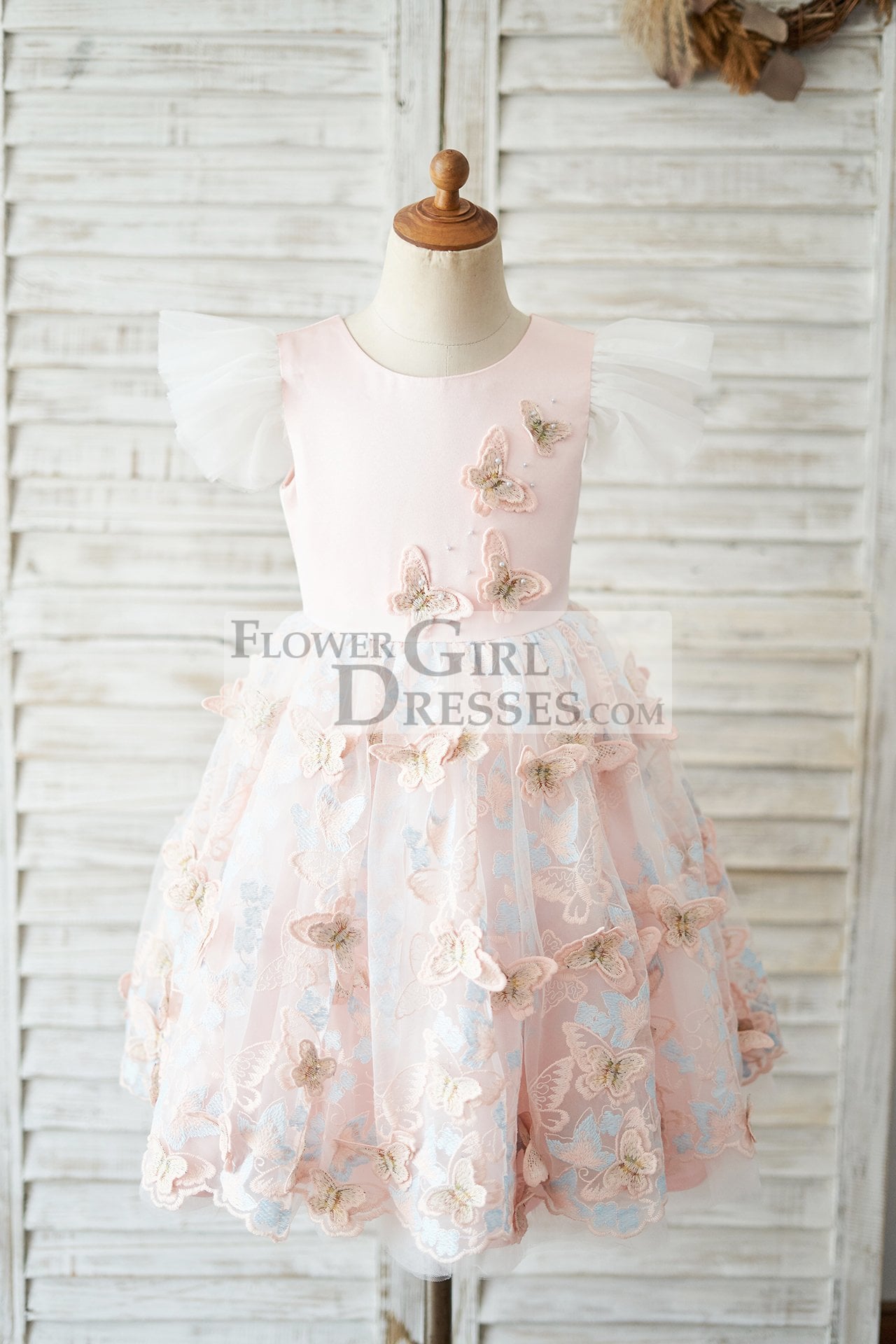 Pink Satin Butterfly Tulle Ruffle Cap Sleeves V Back Wedding Flower Girl Dress