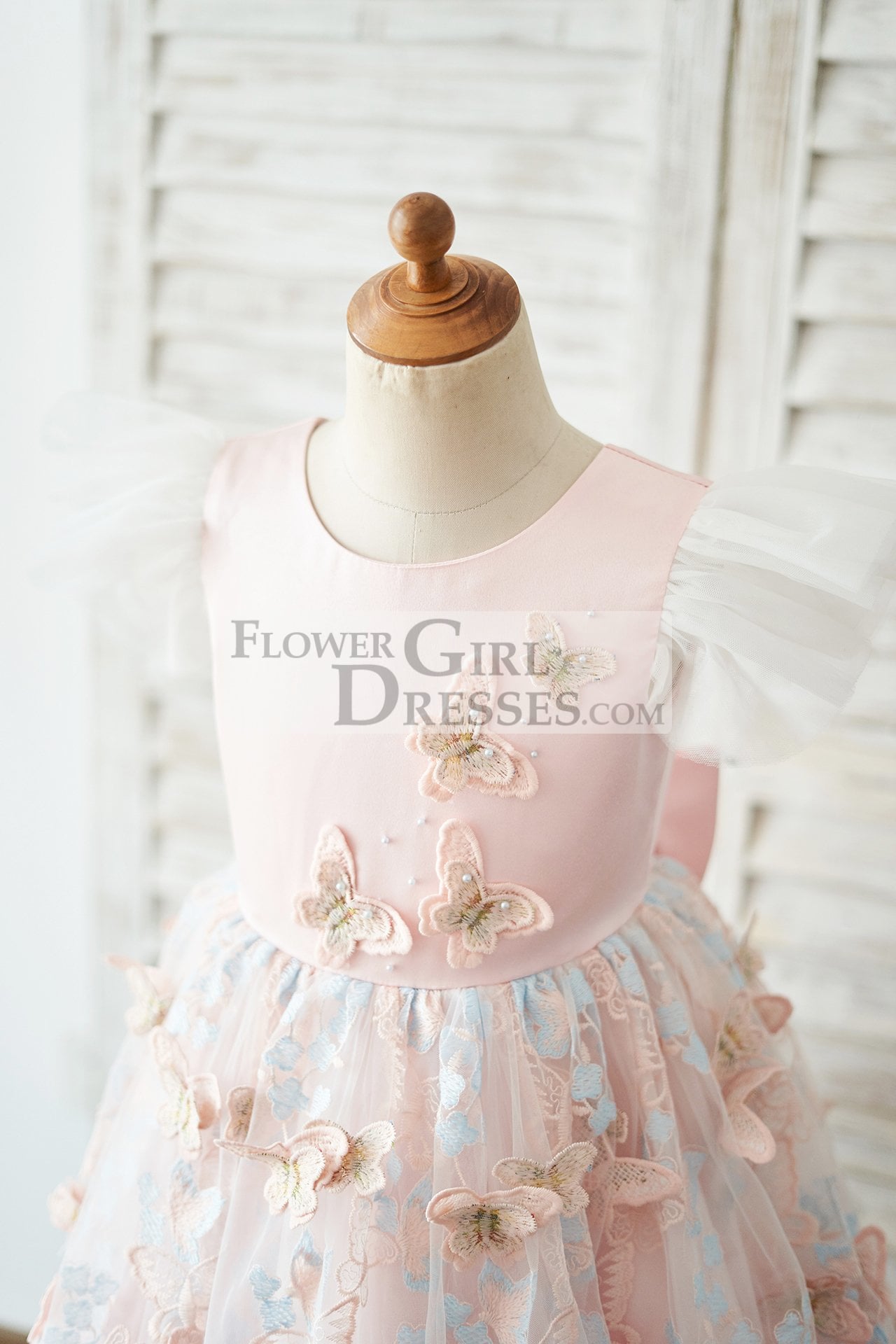 Pink Satin Butterfly Tulle Ruffle Cap Sleeves V Back Wedding Flower Girl Dress