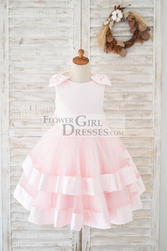 Pink Satin Tulle Cupcake Wedding Flower Girl Dress with Bow