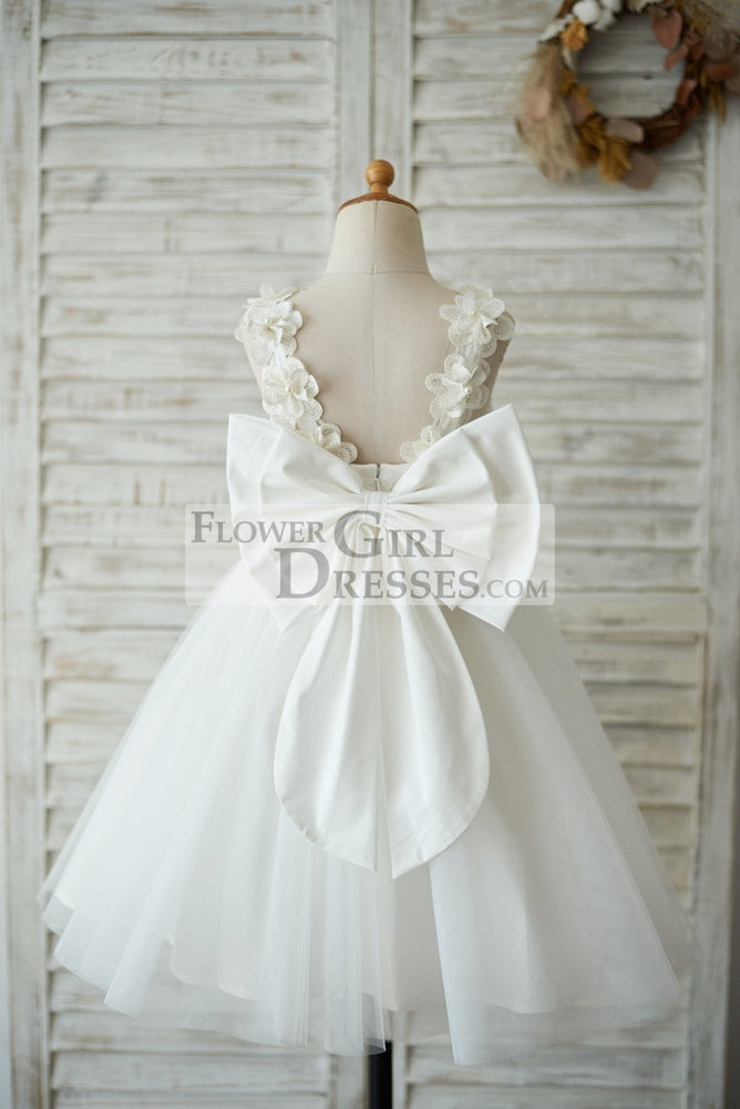 Princess Ivory Lace Tulle V Back Wedding Flower Girl Dress, Bow 6T Princess Ivory Lace Tulle V Back Wedding Flower Girl Dress, Bow 6T