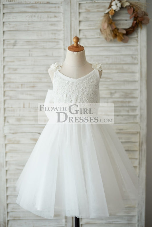 Princess Ivory Lace Tulle V Back Wedding Flower Girl Dress with Big Bow