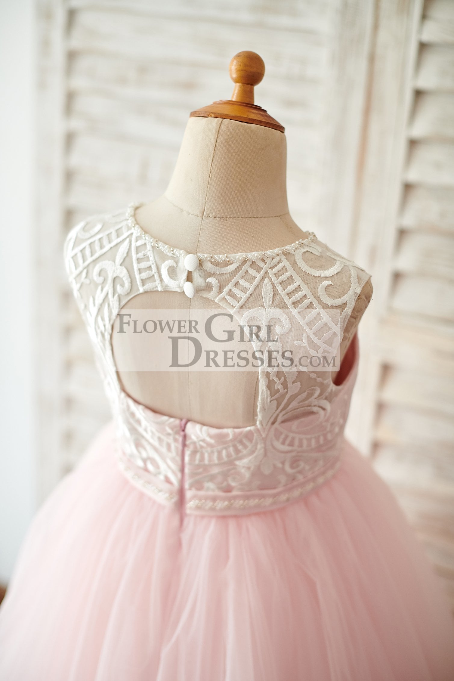 Princess Keyhole Back Ivory Lace Pink Tulle Wedding Flower Girl Dress
