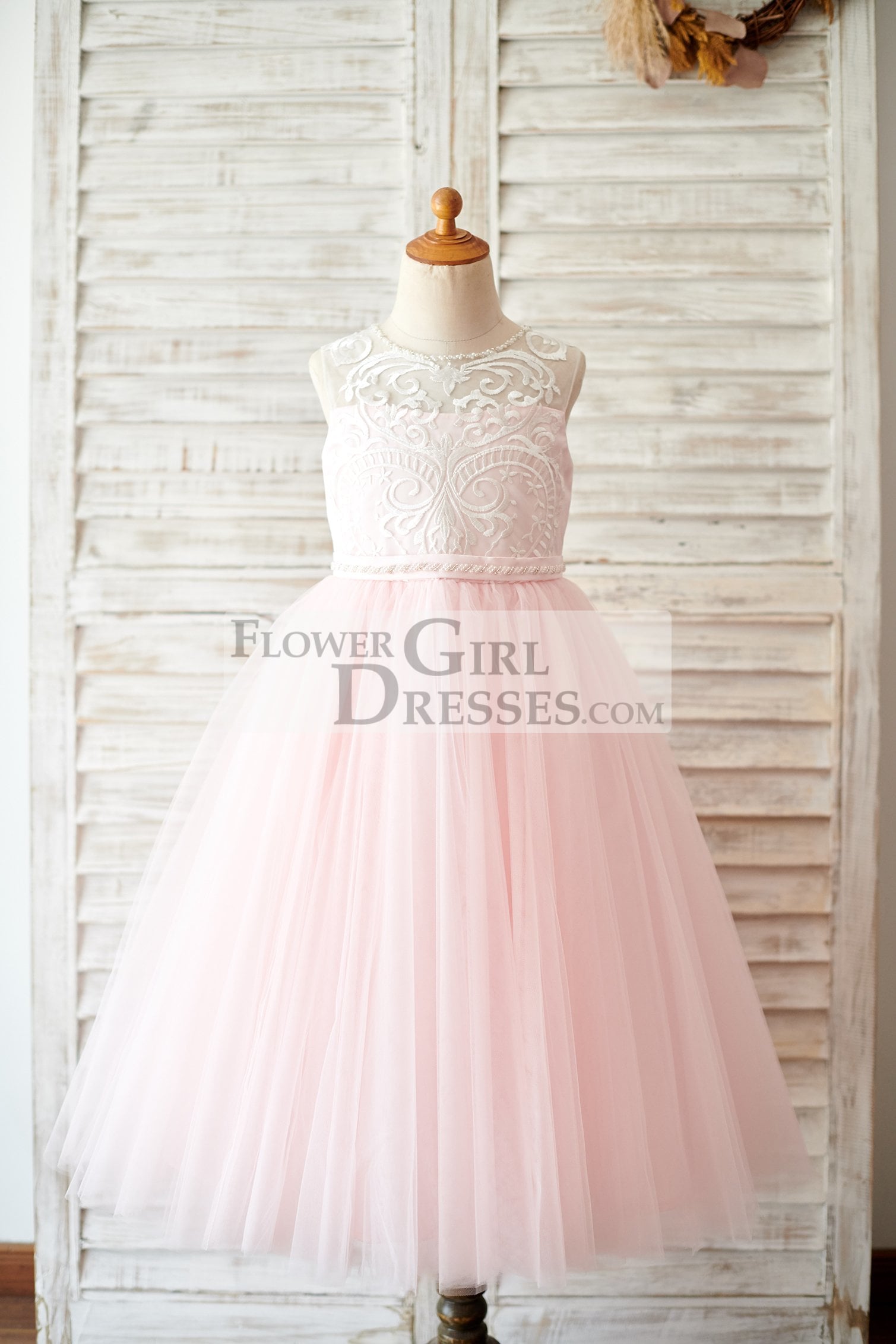 Princess Keyhole Back Ivory Lace Pink Tulle Wedding Flower Girl Dress