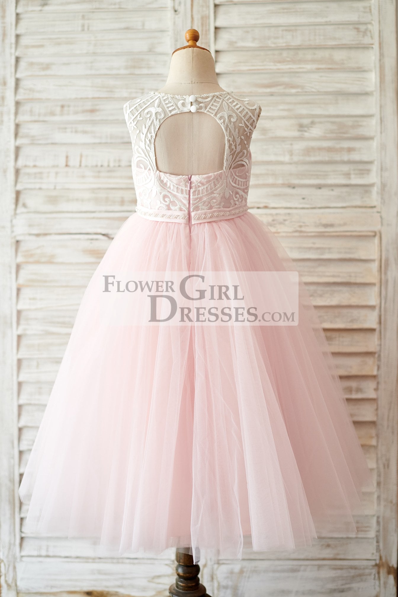 Princess Keyhole Back Ivory Lace Pink Tulle Wedding Flower Girl Dress