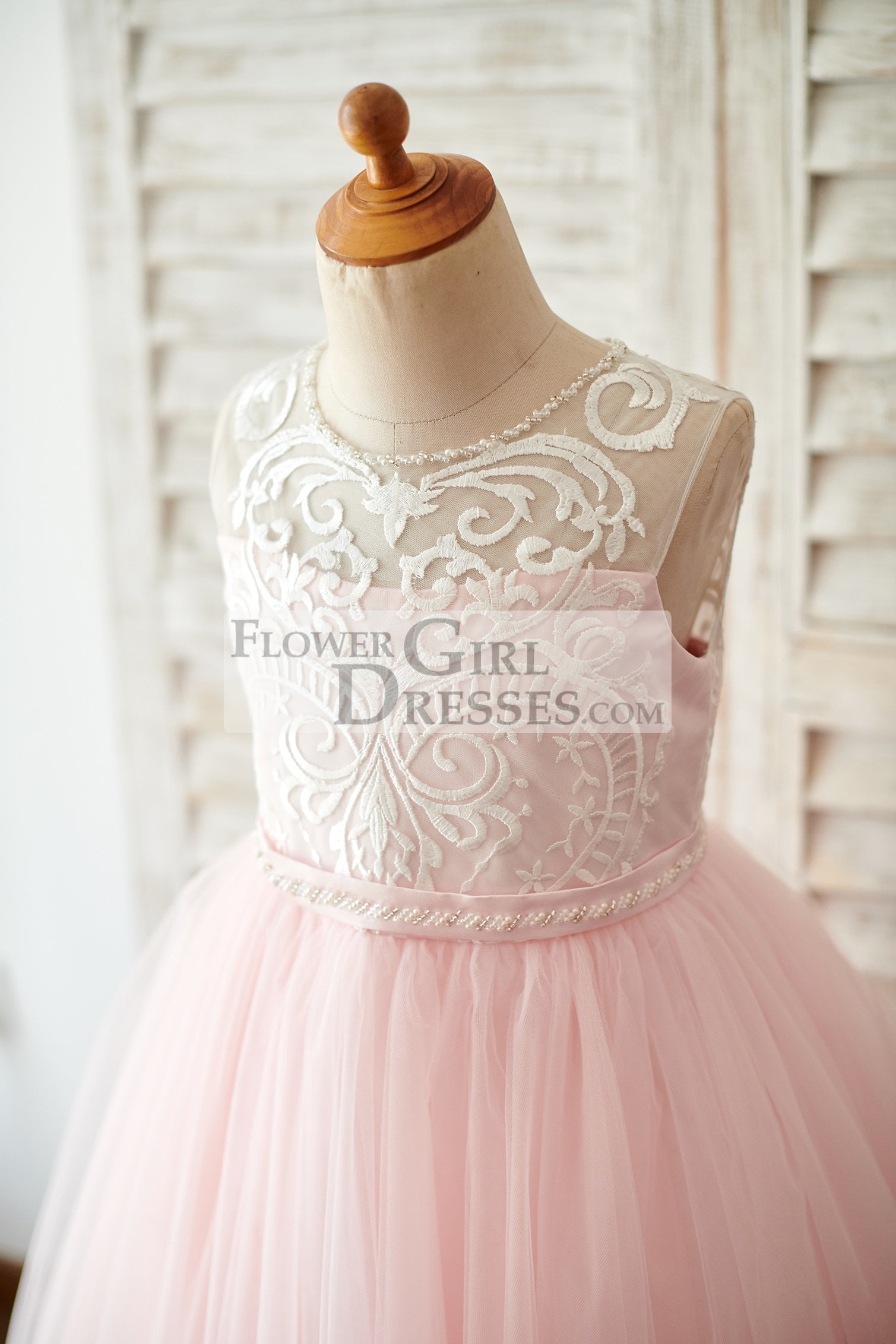 Princess Keyhole Back Ivory Lace Pink Tulle Wedding Flower Girl Dress