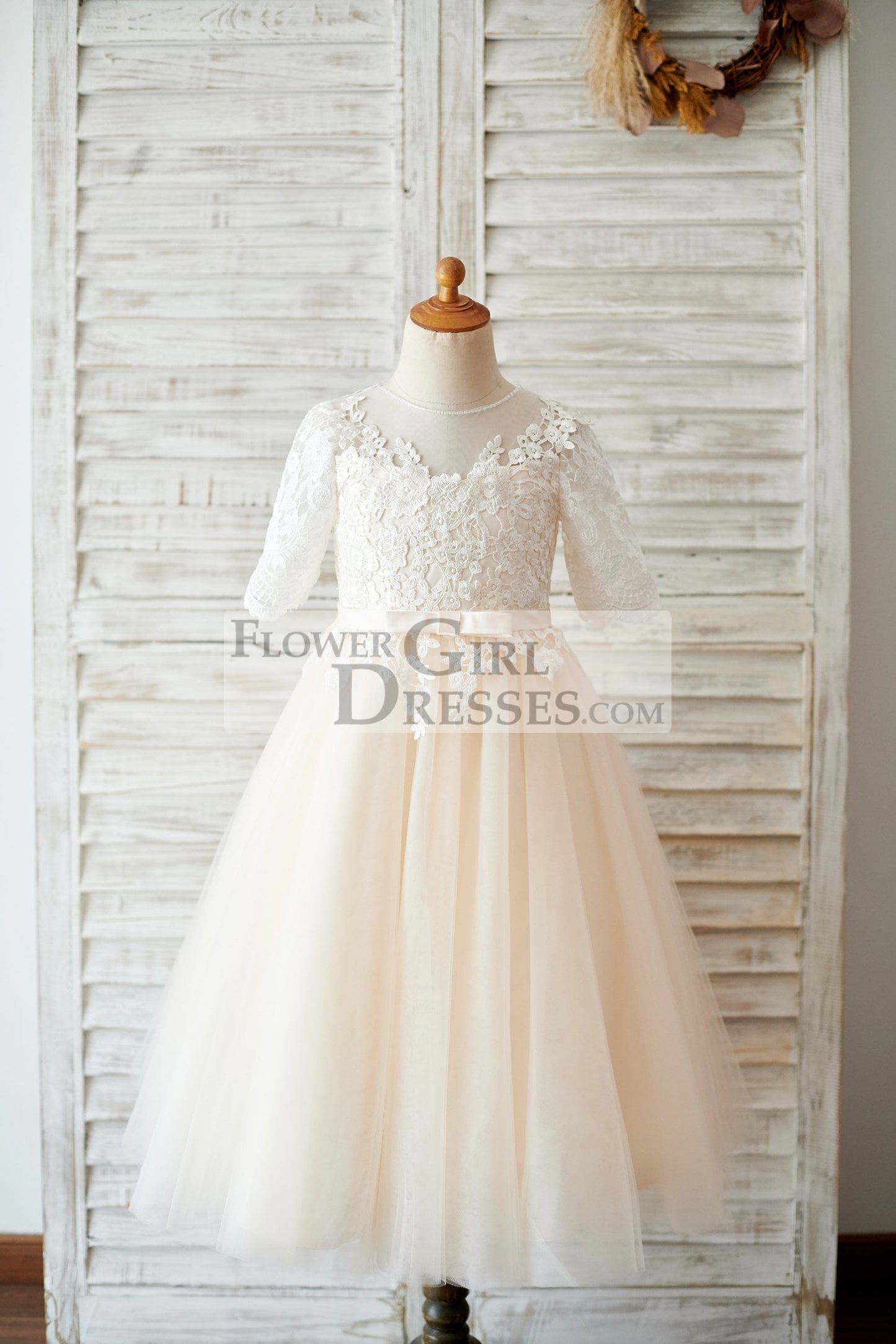 Princess Short Elbow Sleeves Ivory Lace Champagne Tulle Wedding Flower Girl Dress