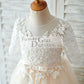 Princess Short Elbow Sleeves Ivory Lace Champagne Tulle Wedding Flower Girl Dress