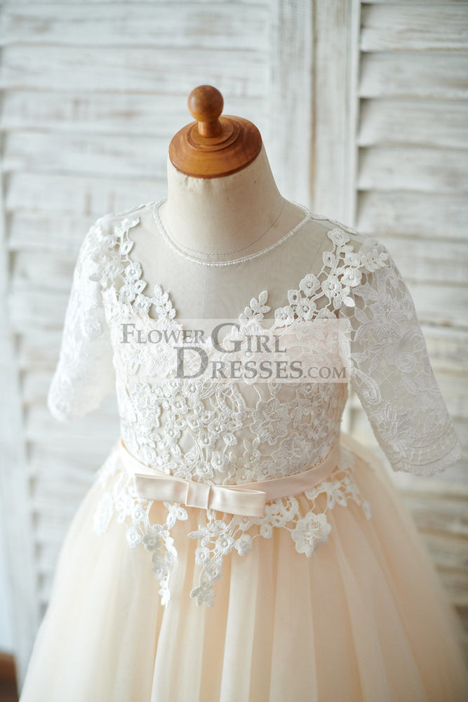 Short Elbow Sleeves Ivory Lace Champagne Tulle Flower Girl Dress - Flower Girl Dresses Short Elbow Sleeves Ivory Lace Champagne Tulle Flower Girl Dress - Flower Girl Dresses