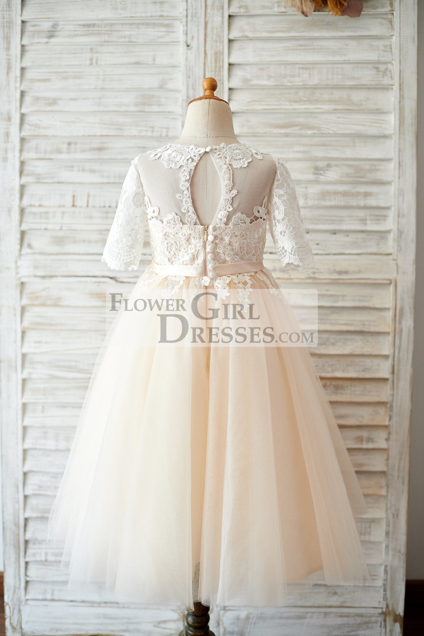 Princess Short Elbow Sleeves Ivory Lace Champagne Tulle Wedding Flower Girl Dress