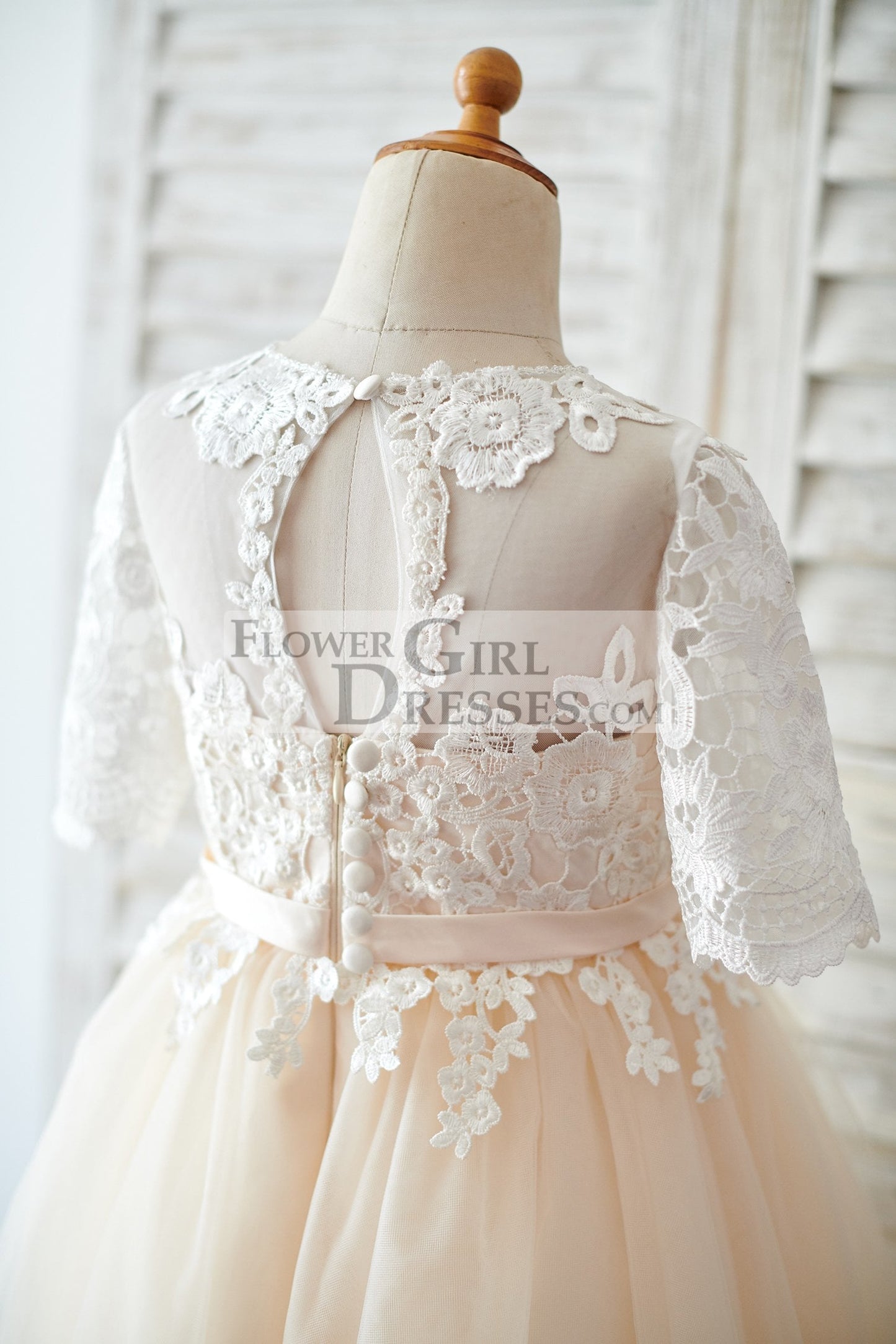 Princess Short Elbow Sleeves Ivory Lace Champagne Tulle Wedding Flower Girl Dress
