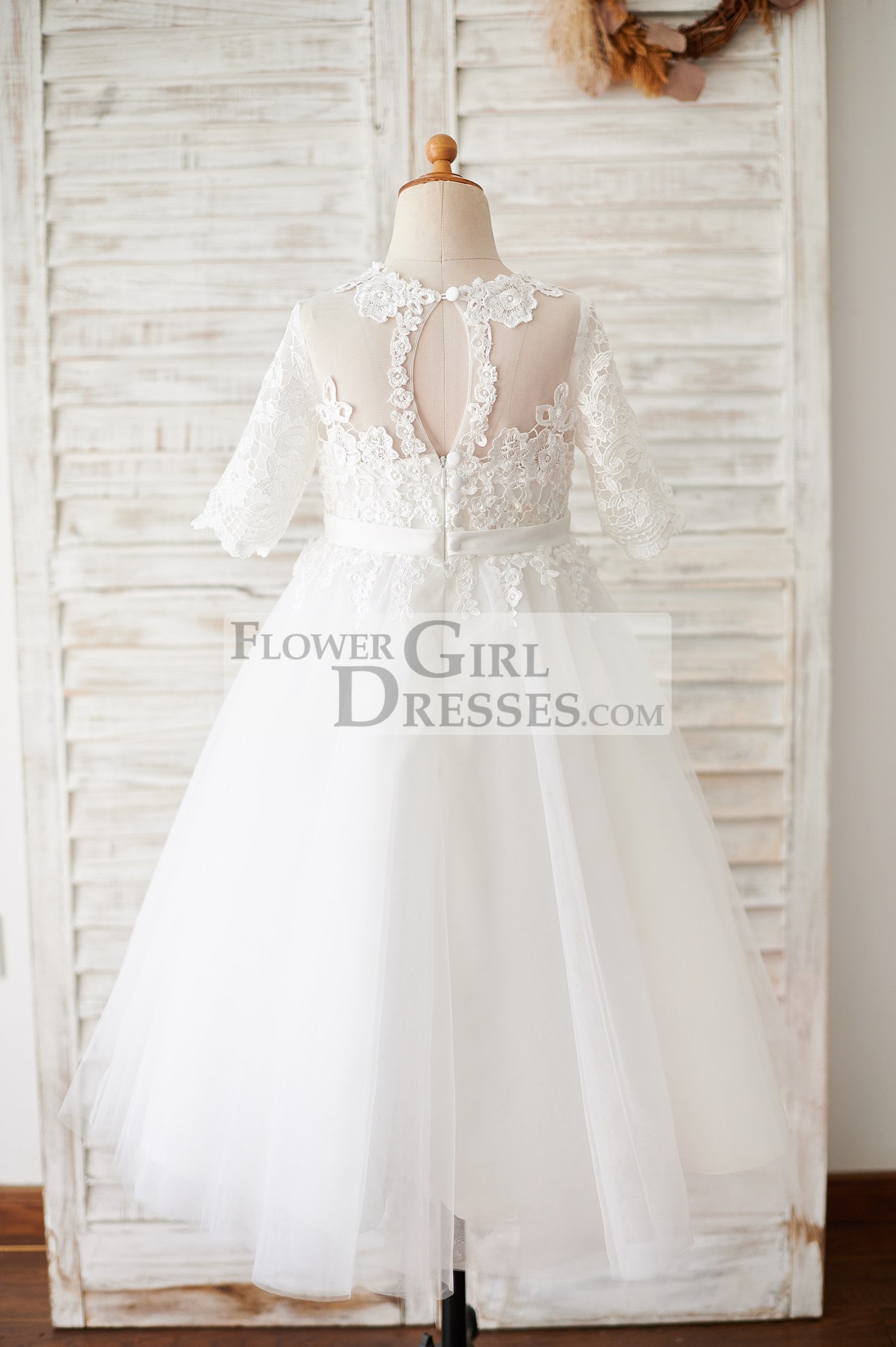 Princess Short Elbow Sleeves Ivory Lace Tulle Wedding Flower Girl Dress