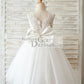 Princess V Back Ivory Lace Tulle Wedding Flower Girl Dress with Big Bow