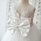 Princess V Back Ivory Lace Tulle Wedding Flower Girl Dress with Big Bow
