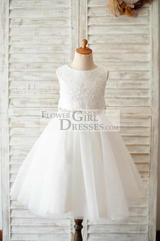 Princess V Back Ivory Lace Tulle Wedding Flower Girl Dress with Big Bow