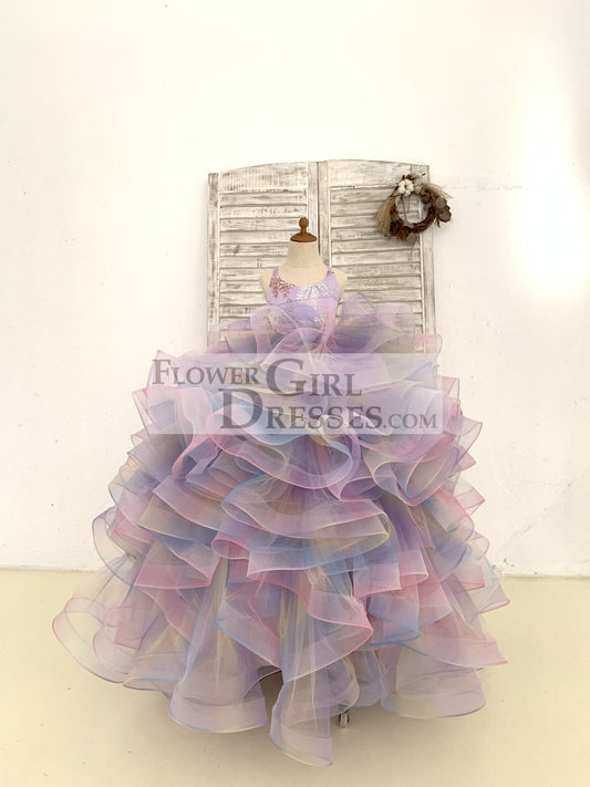 Rainbow Ruffle Tulle Butterfly Beaded Sequin Backless Wedding Flower Girl Dress Kids Birthday Party Ball Gown Dress