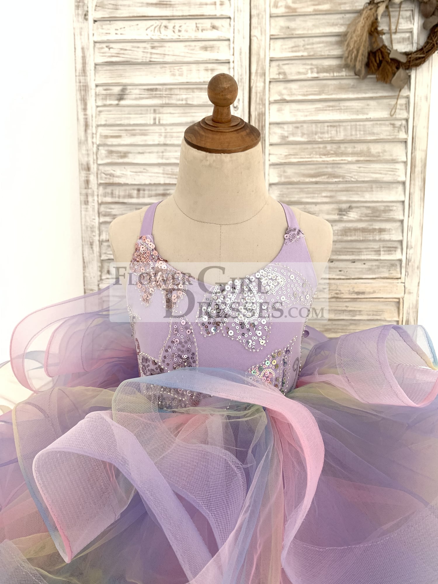 Rainbow Ruffle Tulle Butterfly Beaded Sequin Backless Wedding Flower Girl Dress Kids Birthday Party Ball Gown Dress
