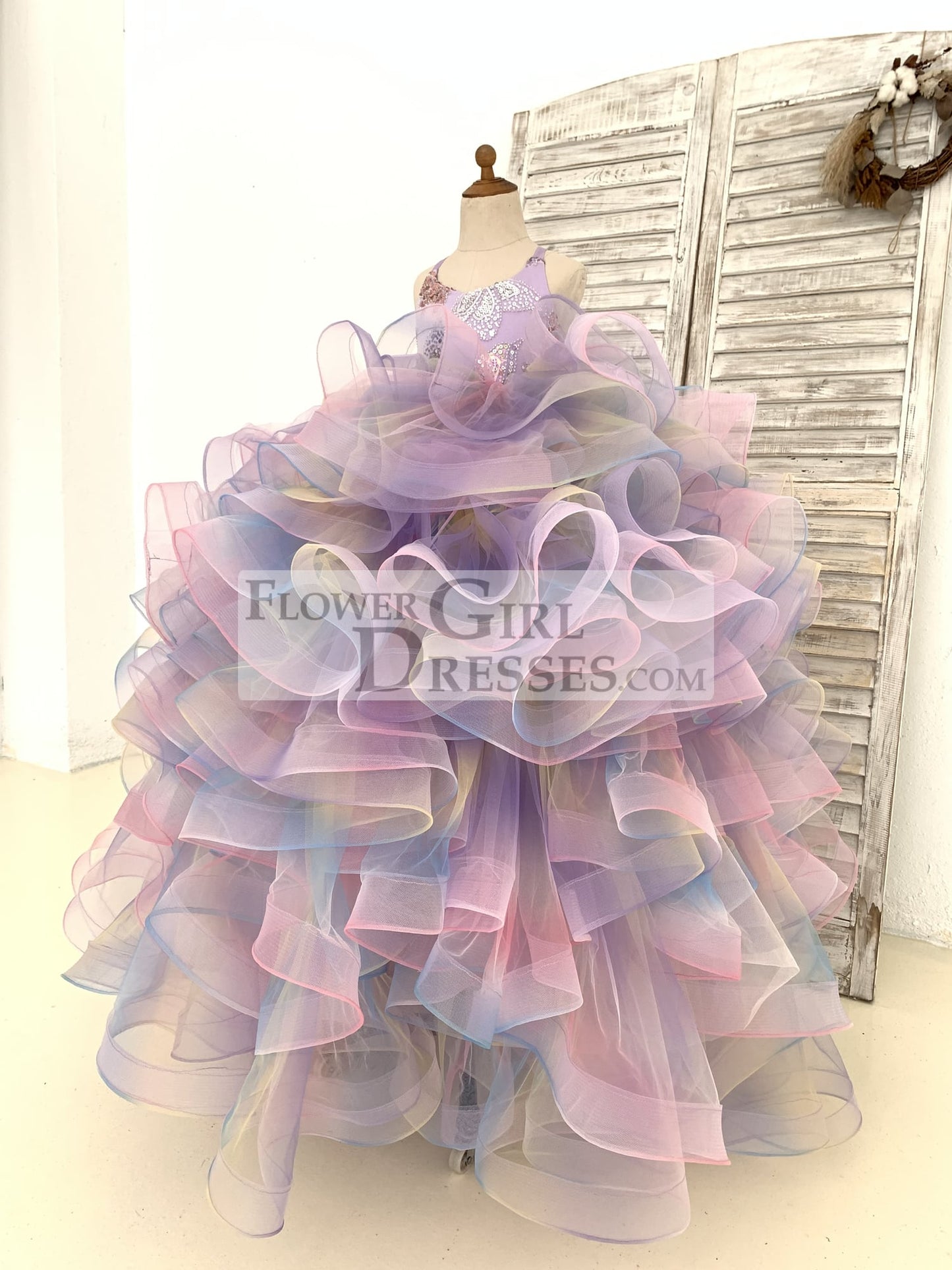 Rainbow Ruffle Tulle Butterfly Beaded Sequin Backless Wedding Flower Girl Dress Kids Birthday Party Ball Gown Dress