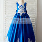 Royal Blue Satin Square Neck Wedding Party Flower Girl Dress with Lace Trim