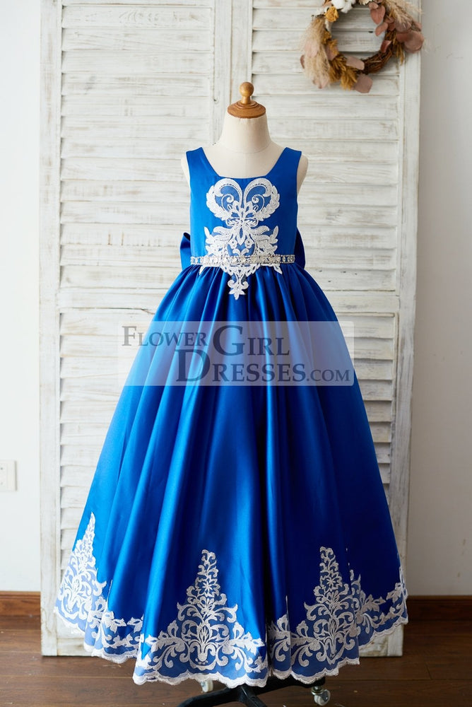 Royal Blue Satin Square Neck Wedding Party Flower Girl Dress, Lace 4T Royal Blue Satin Square Neck Wedding Party Flower Girl Dress, Lace 4T