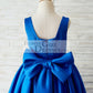 Royal Blue Satin Square Neck Wedding Party Flower Girl Dress with Lace Trim