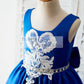 Royal Blue Satin Square Neck Wedding Party Flower Girl Dress with Lace Trim
