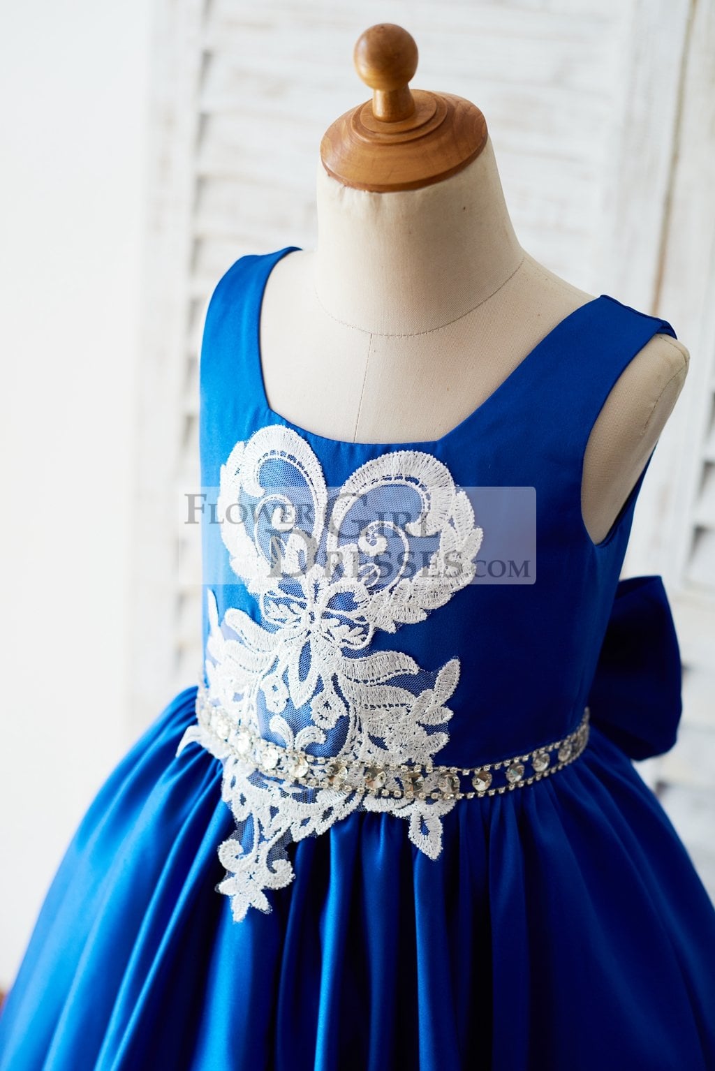 Royal Blue Satin Square Neck Wedding Party Flower Girl Dress with Lace Trim