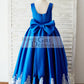 Royal Blue Satin Square Neck Wedding Party Flower Girl Dress with Lace Trim