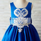 Royal Blue Satin Square Neck Wedding Party Flower Girl Dress with Lace Trim
