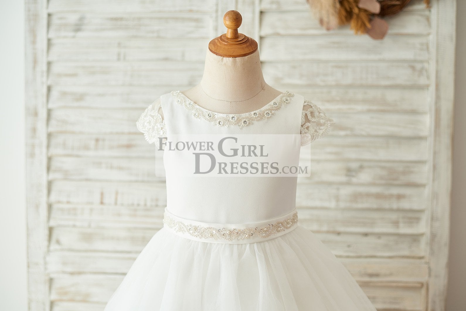 Satin Tulle Beaded Lace Cap Sleeves Sheer Back Wedding Flower Girl Dress with Bow