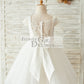 Satin Tulle Beaded Lace Cap Sleeves Sheer Back Wedding Flower Girl Dress with Bow