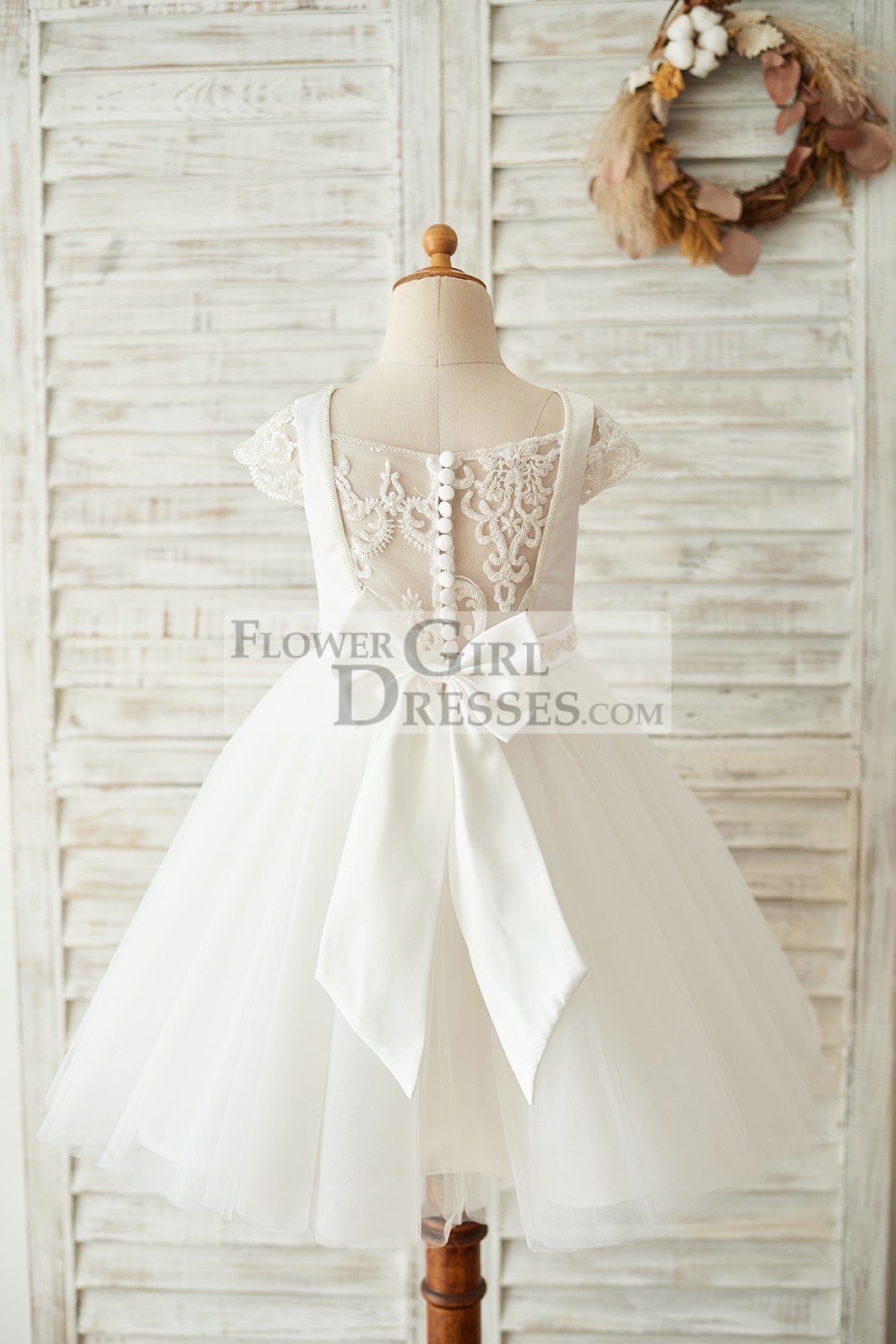 Satin Tulle Beaded Lace Cap Sleeves Sheer Back Wedding Flower Girl Dress with Bow