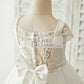 Satin Tulle Beaded Lace Cap Sleeves Sheer Back Wedding Flower Girl Dress with Bow