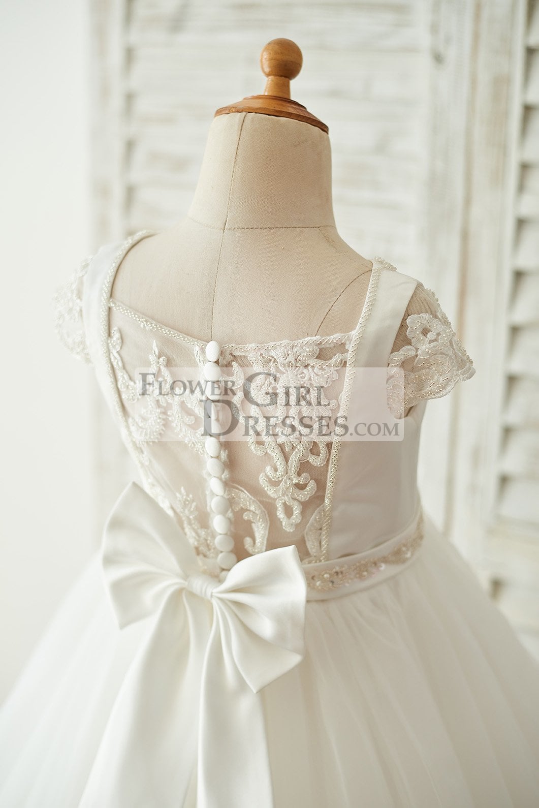 Satin Tulle Beaded Lace Cap Sleeves Sheer Back Wedding Flower Girl Dress with Bow