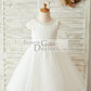 Satin Tulle Beaded Lace Cap Sleeves Sheer Back Wedding Flower Girl Dress with Bow