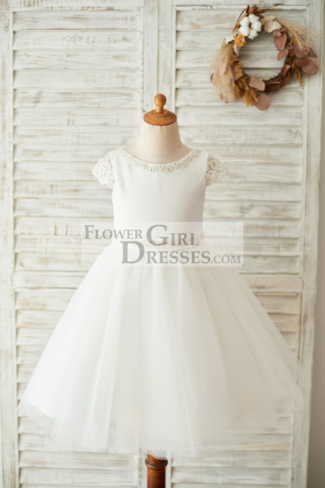Satin Tulle Beaded Lace Cap Sleeves Sheer Back Wedding Flower Girl Dress with Bow
