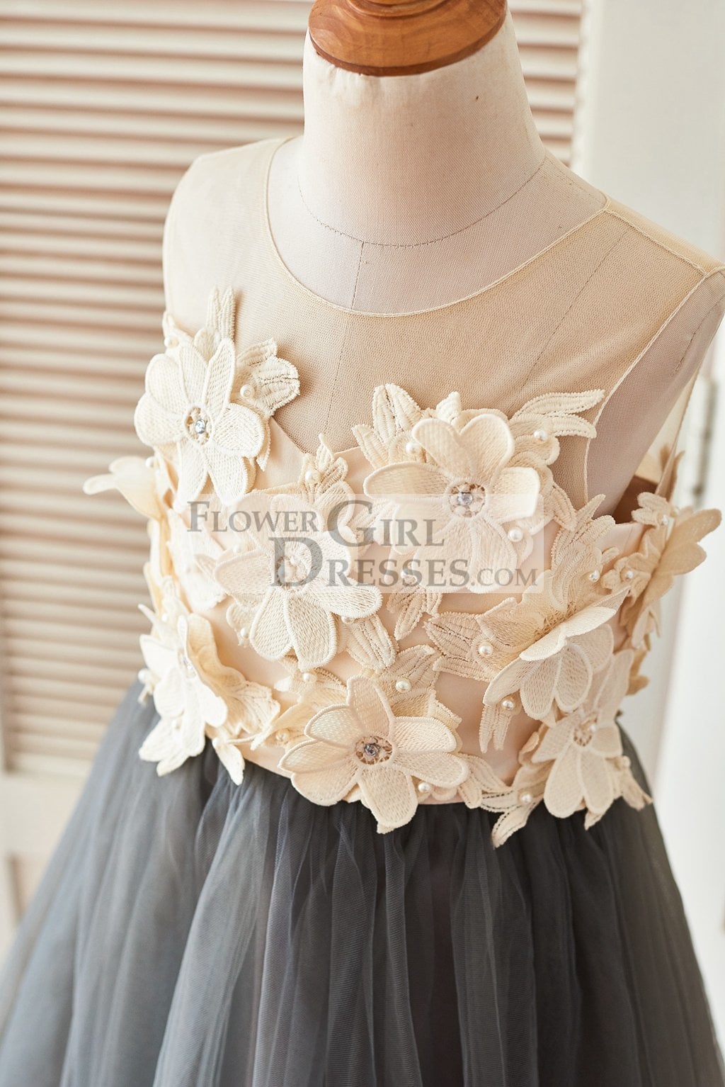 Sheer Illusion Neck Gray Tulle Wedding Flower Girl Dress with Champagne 3D Flowers