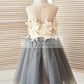 Sheer Illusion Neck Gray Tulle Wedding Flower Girl Dress with Champagne 3D Flowers