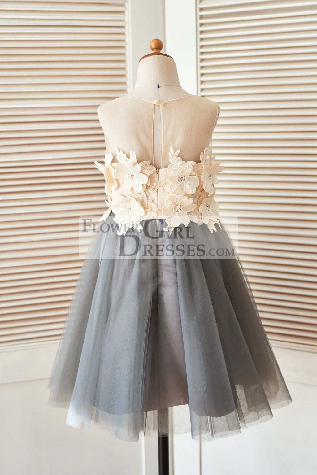 Sheer Illusion Neck Gray Tulle Wedding Flower Girl Dress with Champagne 3D Flowers