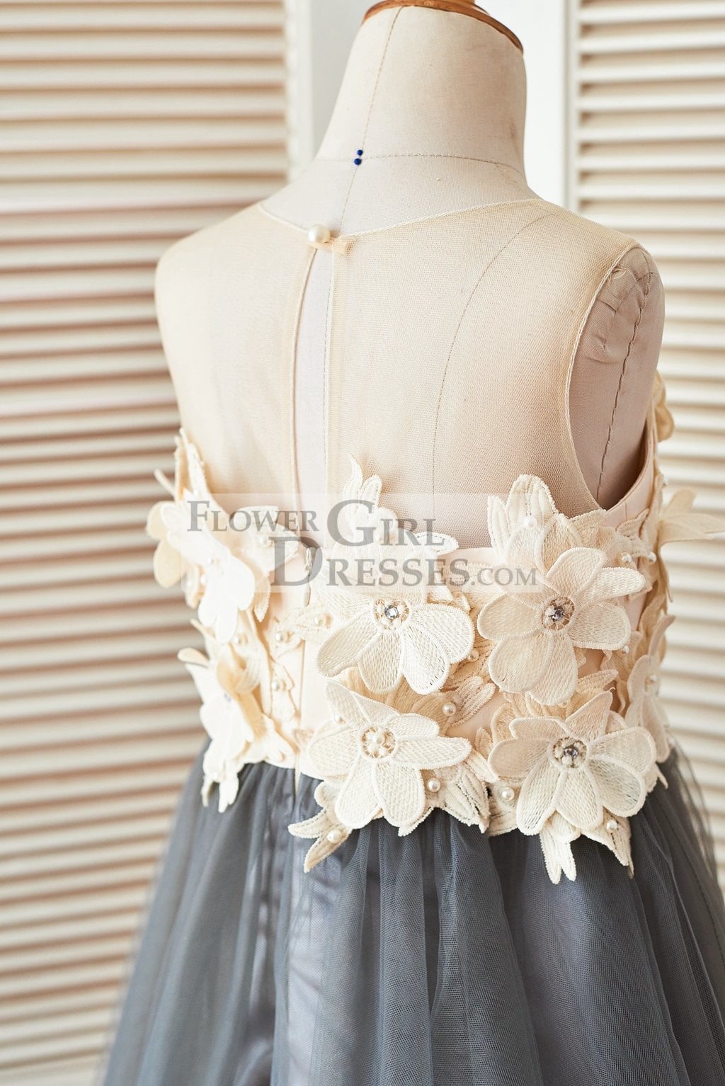 Sheer Illusion Neck Gray Tulle Wedding Flower Girl Dress with Champagne 3D Flowers