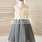 Sheer Illusion Neck Gray Tulle Wedding Flower Girl Dress with Champagne 3D Flowers