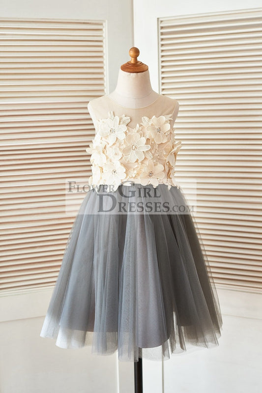 Sheer Illusion Neck Gray Tulle Wedding Flower Girl Dress with Champagne 3D Flowers