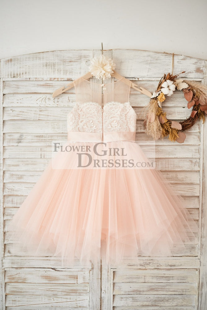 Sheer Neck Peach Tulle Ivory Lace Flower Girl Dress, Beaded Sash 6T