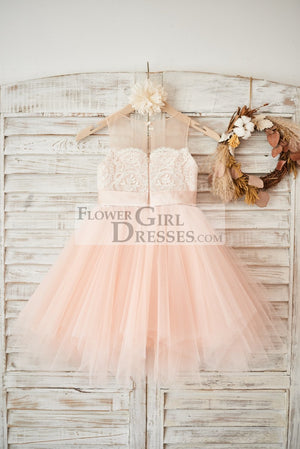 Sheer Neck Peach Tulle Ivory Lace Flower Girl Dress, Beaded Sash 6T